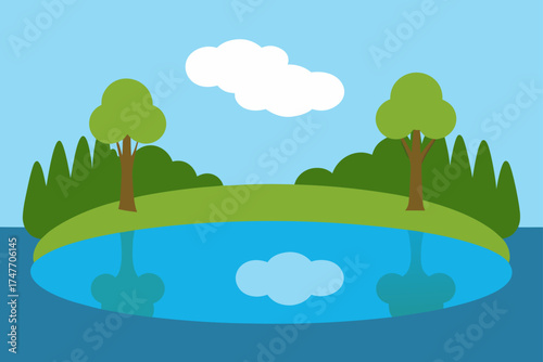 Illustration of a lake with trees and a cloudscape