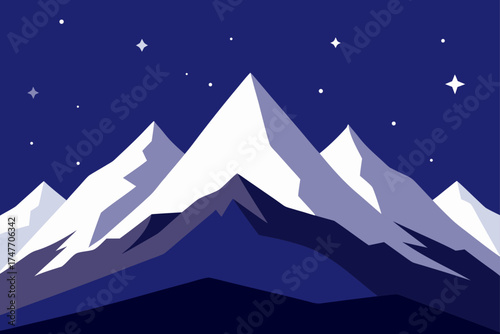 Illustration of snowy mountains under starry night
