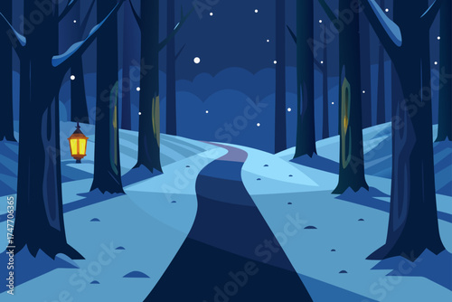 Winter night scene with path and lantern in forest