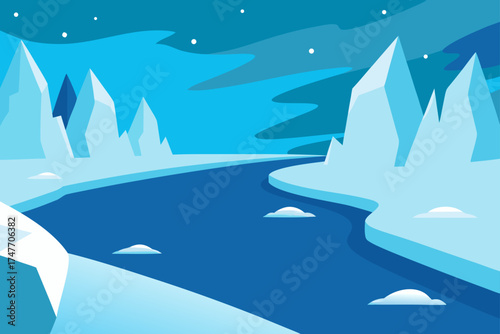 Icy river landscape with mountains and starry sky