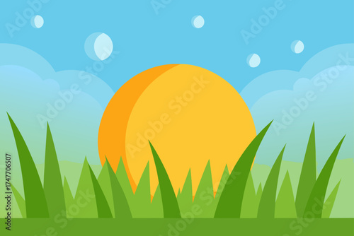 Illustration of sun rising over grass and clouds