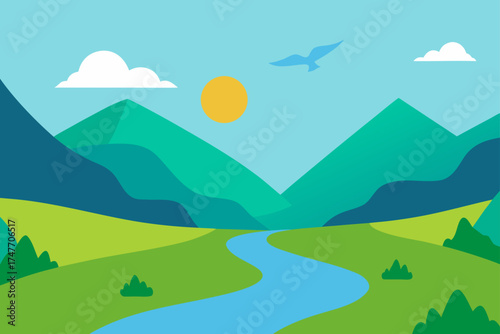 Landscape with river mountains sun clouds and bird