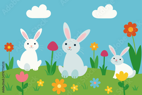 Three bunnies sitting in field with flowers and clouds