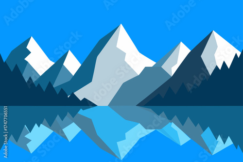 Mountains reflected in water with blue sky above