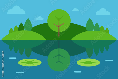 Illustration of islands reflecting in water scene