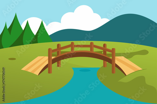 Cartoon landscape with bridge trees and mountains