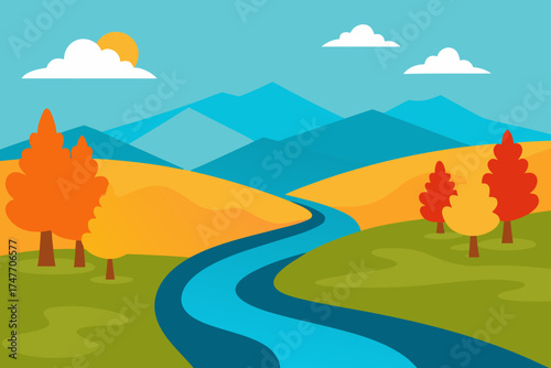 Landscape with river mountains trees and cloudy sky