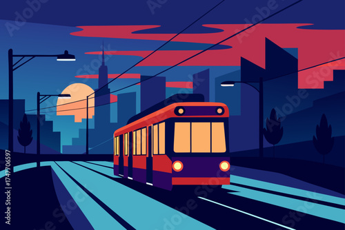 Illustration of a tram in a city at dusk or dawn