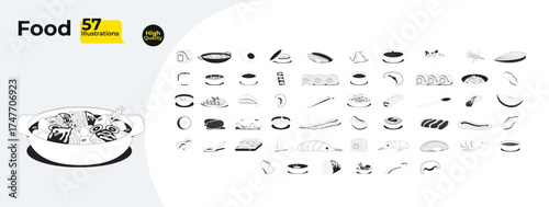 Fresh food and cuisine ingredients outline illustrations mega bundle. Sushi, vegetables, seafood. Sauces, cooking elements 2D linear images isolated. Collection black and white vector drawings