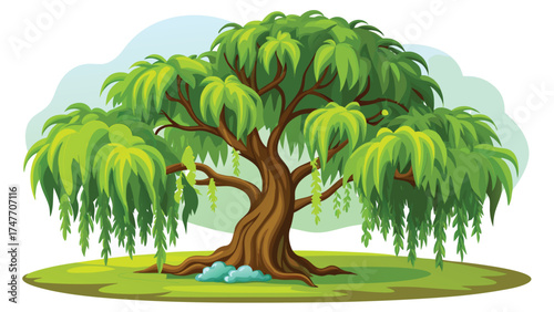 Vector illustration of a willow tree with drooping branches and lush green leaves against a white background..eps