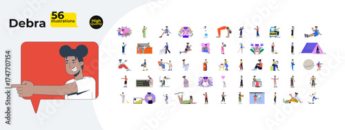 Black woman character with daily life and activities cartoon flat illustrations mega bundle. Occupations, breast cancer, relaxing 2D images isolated on white. Collection vector drawings colorful