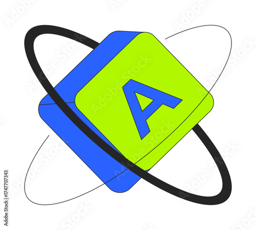 Language block with atomic orbit 2D cartoon object. Computer keyboard key with letter A and orbiting rings. Digital alphabet isolated element flat vector clip art on white. Spot illustration