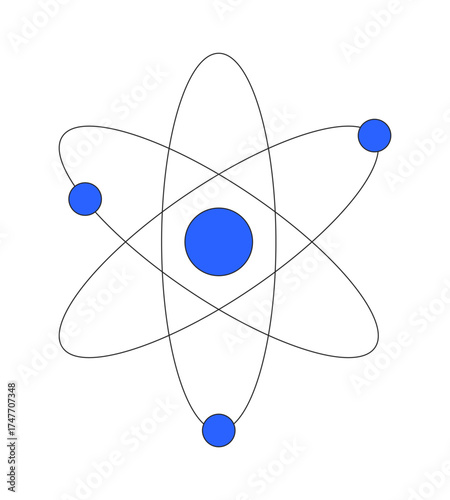 Atom model 2D cartoon object. Atomic structure. Science and physics. Educational graphic. Scientific nucleus with orbiting electrons isolated element flat vector clip art on white. Spot illustration