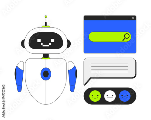 AI chatbot with search bar and feedback interface 2D cartoon objects set. Customer bot, emoticons, chat bubble isolated elements flat vector clip arts on white. Spot illustrations collection