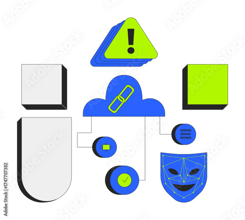 Cloud security system with alert and blank geometric shapes 2D cartoon objects set. Server web link, face recognition isolated elements flat vector clip arts on white. Spot illustrations collection