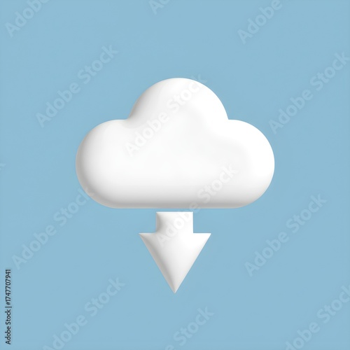3D rendered cloud icon with download arrow symbolizing data transfer or storage