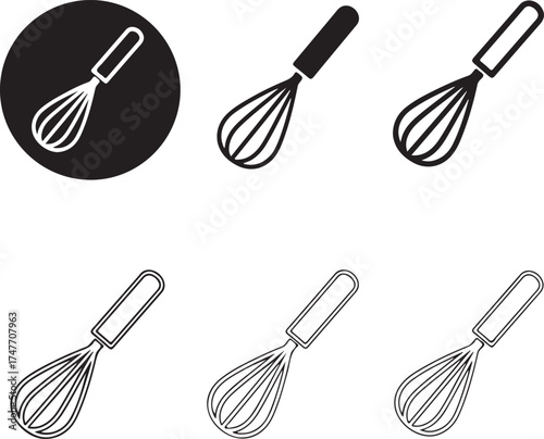 Three kitchen whisks in various styles on transparent background silhouette