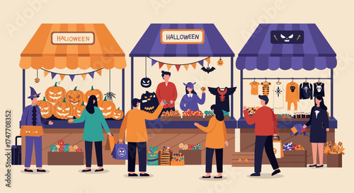 People at Halloween festive dinner with crowns and champagne glasses and food on a long table scene, shopping in market .Adobe Illustrator Artwork