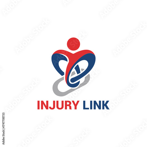 Vector art of modern injury link logo design with interconnected shapes in red, blue, and gray, , perfect for healthcare and medical services