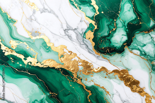 A stunning luxury marble texture combining swirling malachite green, white, and gray veins with dramatic veins and patches of gold foil.