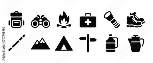 Set of 10 black and white camping and outdoor adventure icons vector illustration eps vector