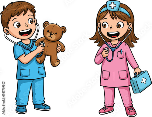 Cartoon kids dressed as doctors, playing with stethoscope and teddy bear, healthcare roleplay, medical education, empathy, cad drawing flat vector illustration