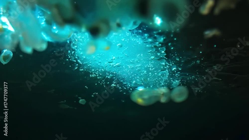 Visualize biofilm layers rusty water pipe breaking apart fragments droplets escape flowing water, carrying glowing Legionella cells pathogens float downstream, symbolizing contamination
