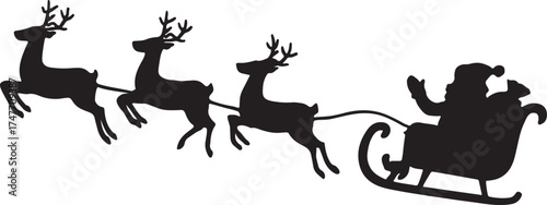 Santa Claus flying sleigh silhouette, reindeer team, Christmas holiday vector.