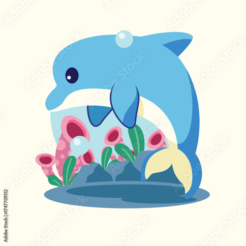 Cute dolphin swimming happily in a bright coral reef with colorful seaweed and tiny bubbles, fun flat cartoon for kids.