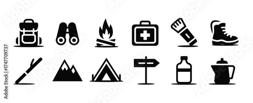 Set of ten minimalist black and white camping and hiking icons vector illustration vector