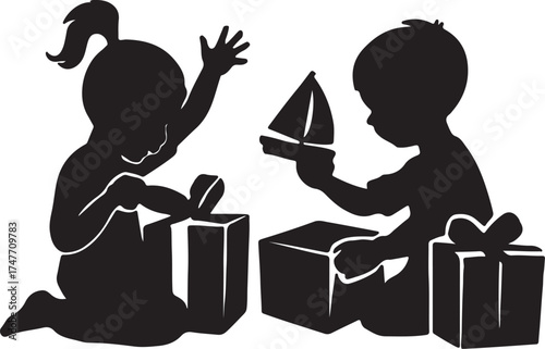  silhouette of excited children opening gifts on Christmas morning