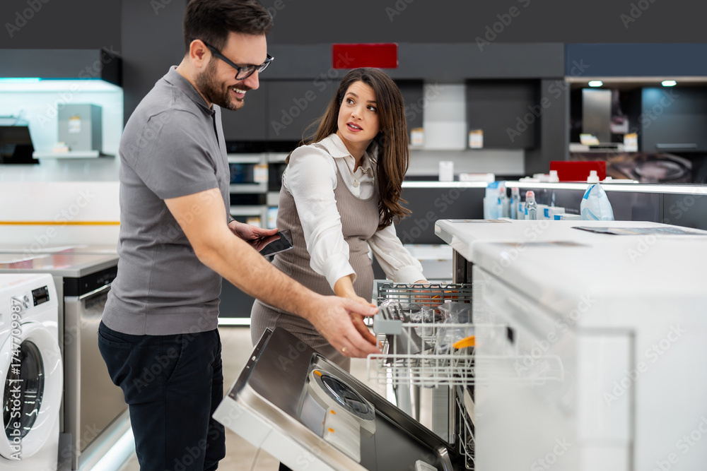 Obraz premium Smiling salesman holding a tablet, discussing and showing dishwashers to a pregnant customer, selecting the best options in a modern home appliance store