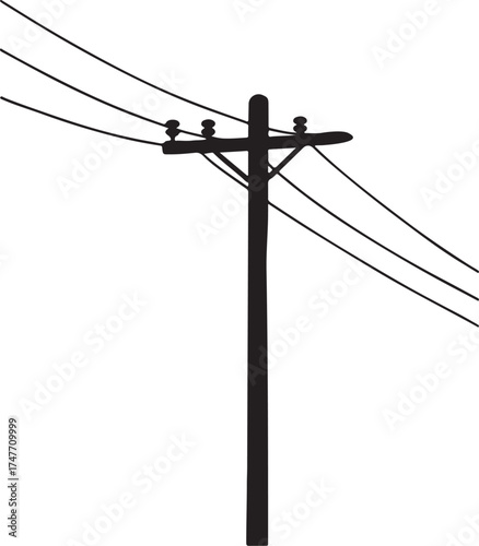 Utility pole silhouette, power lines crossing silhouette vector