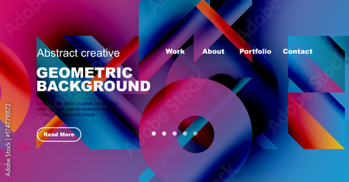 Vibrant abstract design. Geometric shapes blend with gradients. Website header includes navigation options, text, button. Modern aesthetic.