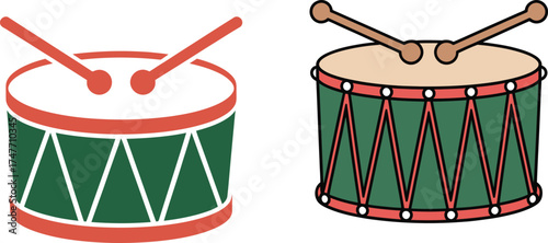 Two detailed colorful toy drums with drumsticks ready to play music