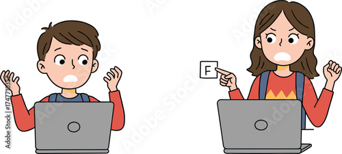 Cartoon students reacting to failed online test, frustrated kids with laptops and F grade paper, school stress, cad drawing flat vector illustration