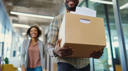Two Employees Holding a Single Box Together During Office Relocation
