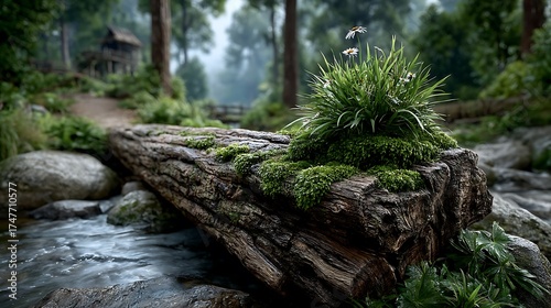 A moss-covered log bridging a forest stream.