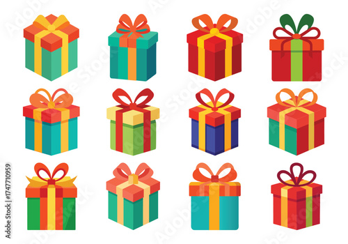 Collection of twelve colorful christmas gift boxes with ribbons and bows