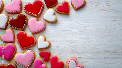 A warm, inviting image featuring an assortment of heart-shaped cookies with various colors of icing scattered on a light wooden background