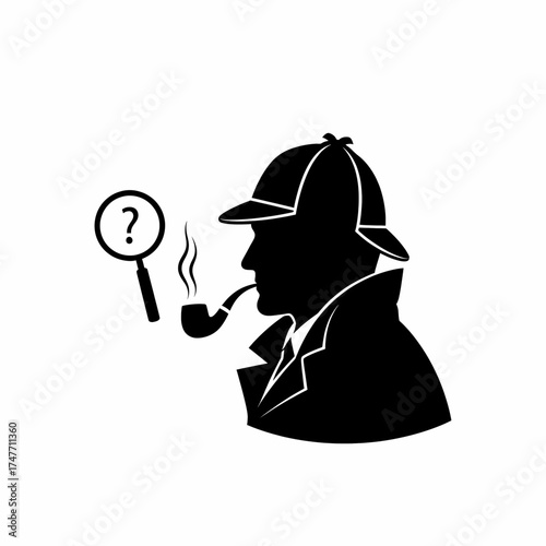 Detective Silhouette with Pipe and Magnifying Glass Asking Question Mystery Solved Investigation Icon