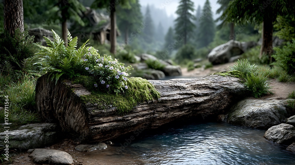 Fototapeta premium A moss-covered log bridging a forest stream.