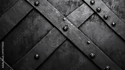 Dark, textured metal surface with intersecting riveted straps, evoking strength, security, and industrial design.