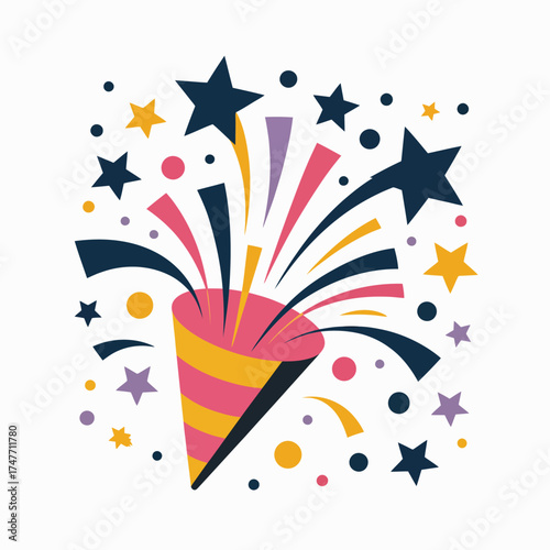 Vibrant playful vector illustration of festive confetti popper and exploding stars for celebrations vector