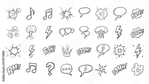 Collection of hand drawn doodle icons featuring music notes hearts lightning bolts and speech bubbles