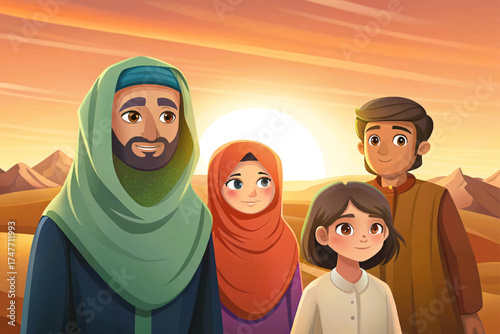 Middle Eastern family walking in desert at sunset, traditional clothes and smiling faces, peaceful travel illustration