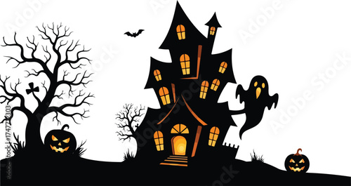Spooky ghostly haunted house illustration with moon and stars