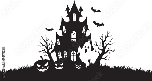 Spooky haunted house with ghostly elements and dark atmosphere