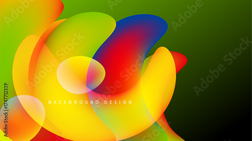 Abstract colorful shapes overlap, creating vibrant fluid design. Green background contrasts bright hues. Modern aesthetic.
