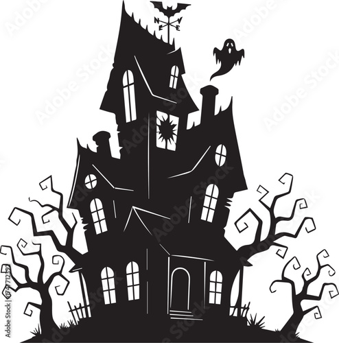 Spooky ghost haunting a mysterious house illustration